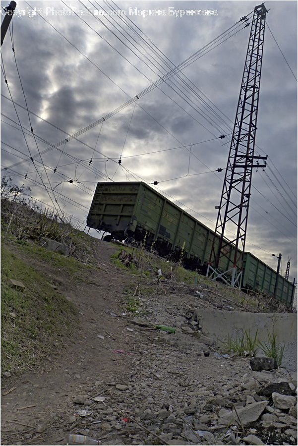Rubble, Ground, Soil, Rock, Electric Transmission Tower, Freight Car, Shipping Container
