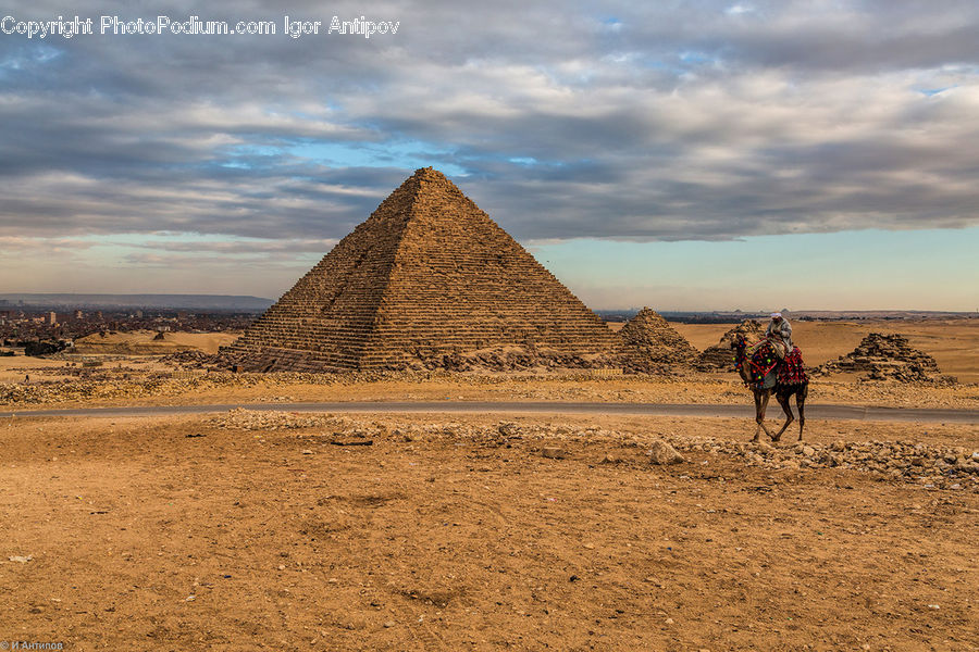 Ancient Egypt, Architecture, Pyramid, Triangle, Desert, Outdoors, Dirt Road