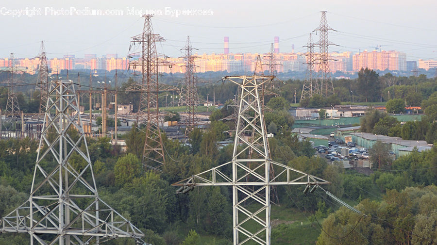 Electric Transmission Tower, City, Downtown, Urban
