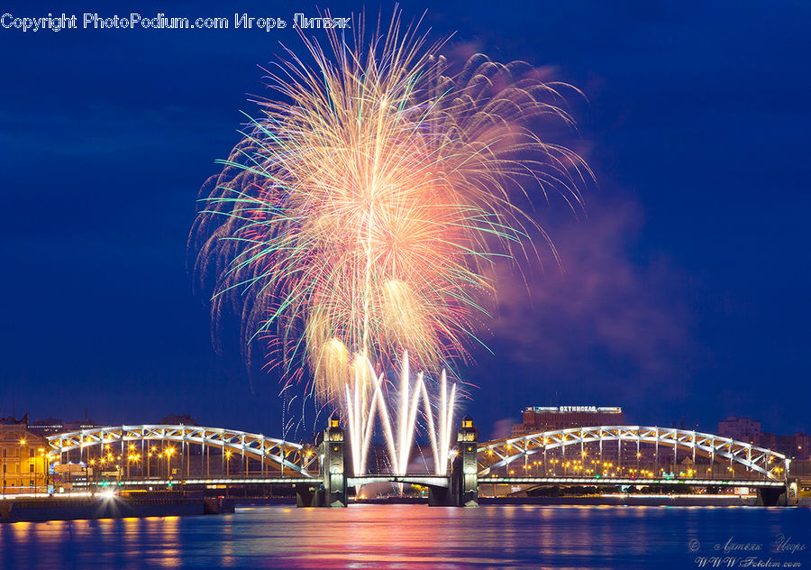 Fireworks, Night, Bridge, City, Downtown, Metropolis, Urban