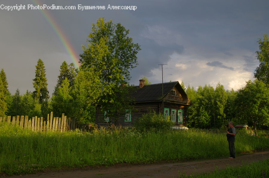 Building, Cottage, Housing, Outdoors, Rainbow, Sky, Cabin