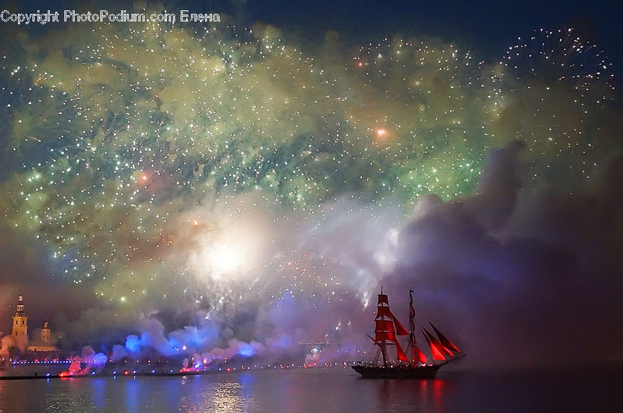 Fireworks, Night, Lighting, Outdoors, Sea, Water, Cruise Ship