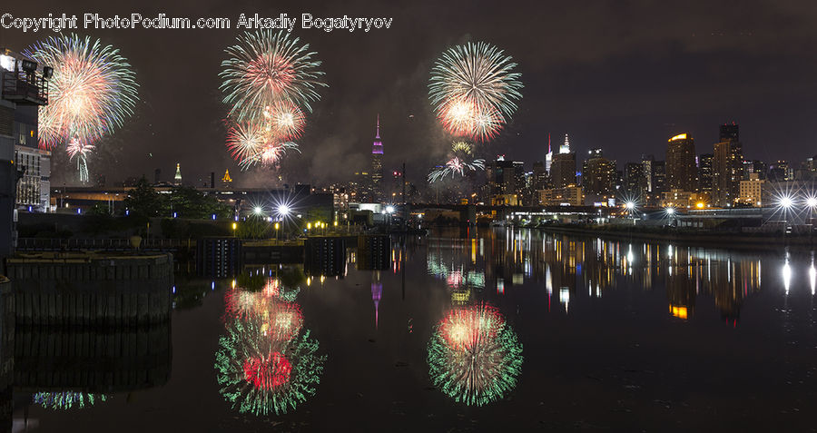 Fireworks, Night, Carnival, Festival, City, Downtown, Metropolis