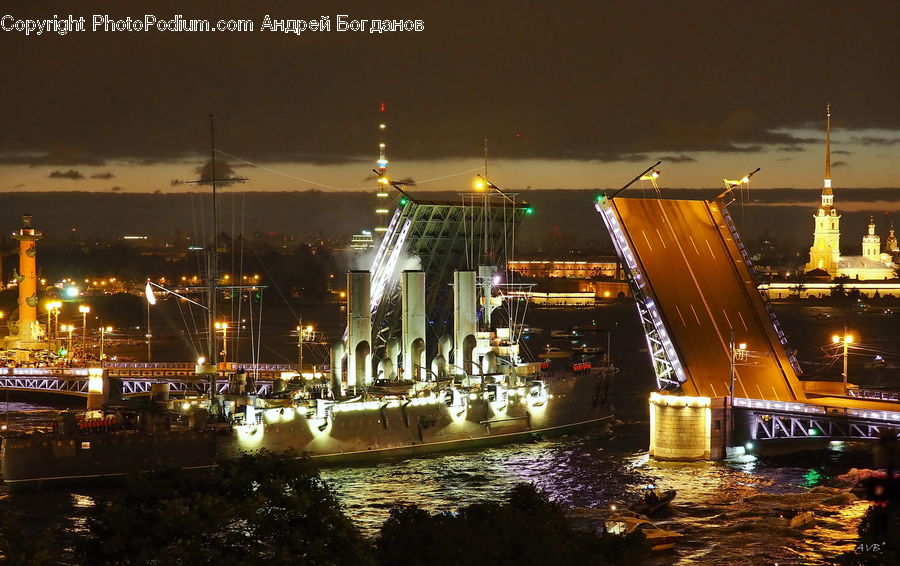 City, Downtown, Metropolis, Urban, Night, Outdoors, Ferry