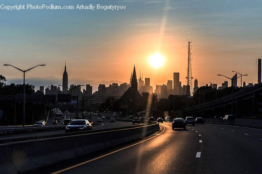 Freeway, Road, City, Downtown, Architecture, Spire, Steeple