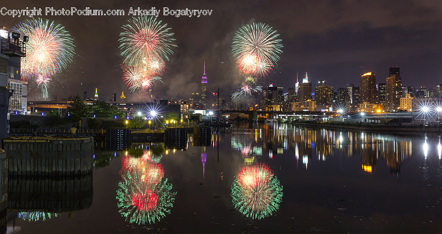 Fireworks, Night, City, Downtown, Waterfront, Carnival, Festival