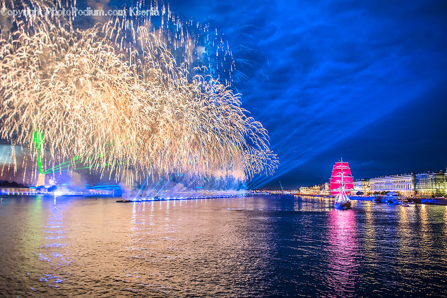 Fireworks, Night, Fountain, Water, Ship, Vessel, Boat