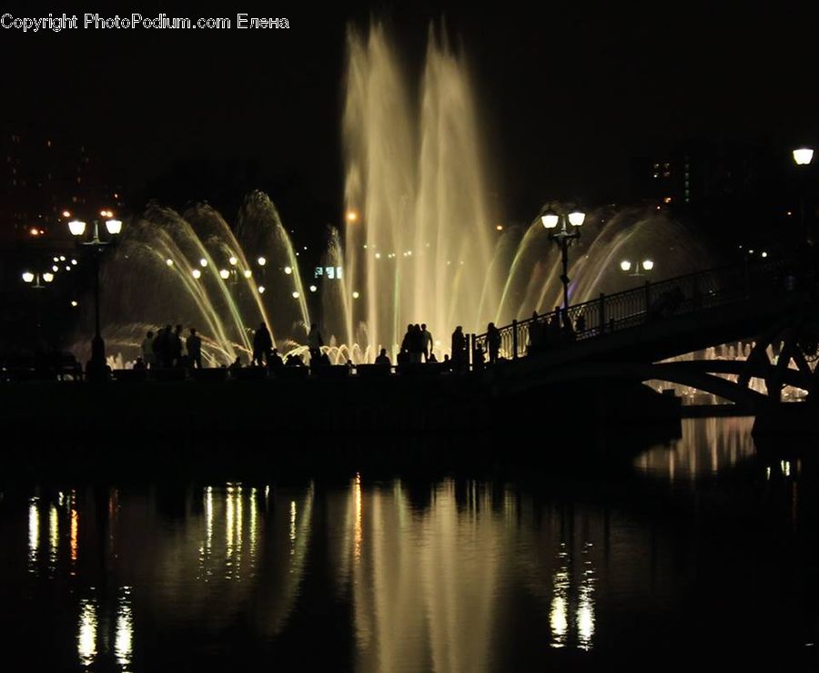 Fountain, Water, Fireworks, Night, City, Downtown, Metropolis