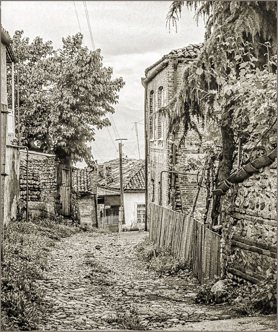Drawing, Sketch, Countryside, Outdoors, Alley, Alleyway, Road