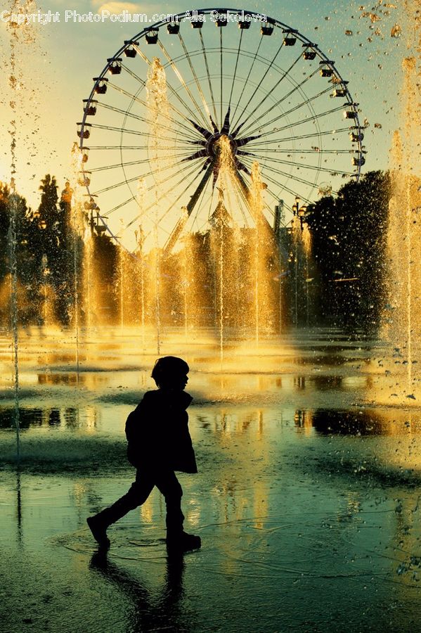 People, Person, Human, Ferris Wheel, Silhouette, Fountain, Water