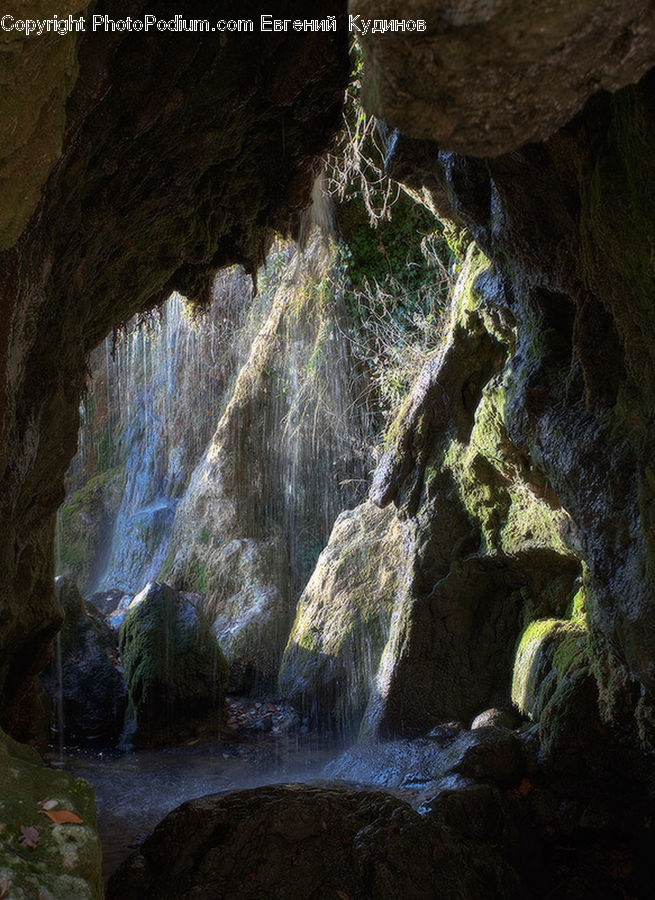 Cave, Rock, Outdoors, River, Water, Waterfall, Oak
