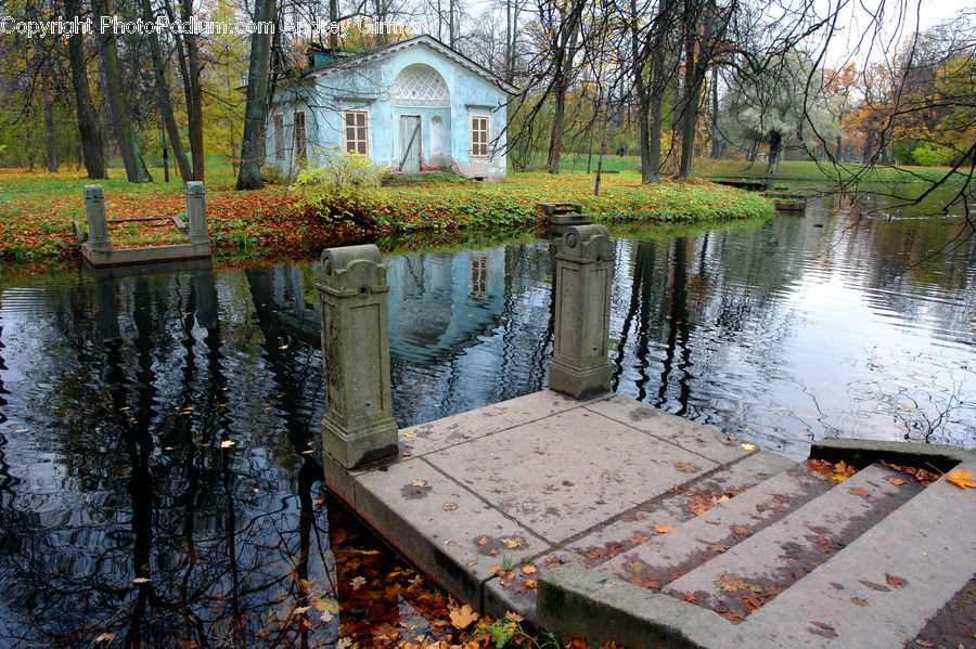 Building, Cottage, Housing, Outdoors, Pond, Water, Bench