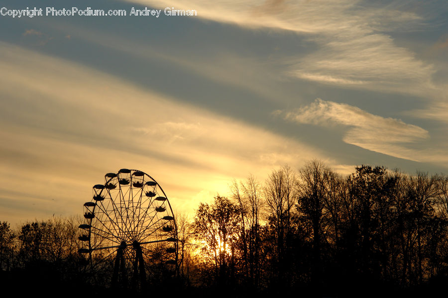 Ferris Wheel, Silhouette, Dusk, Outdoors, Sky, Sunlight, Sunrise