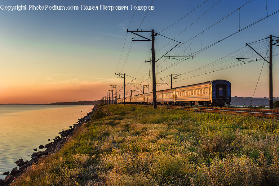 Train, Vehicle, Cable, Electric Transmission Tower, Power Lines, Dirt Road, Gravel