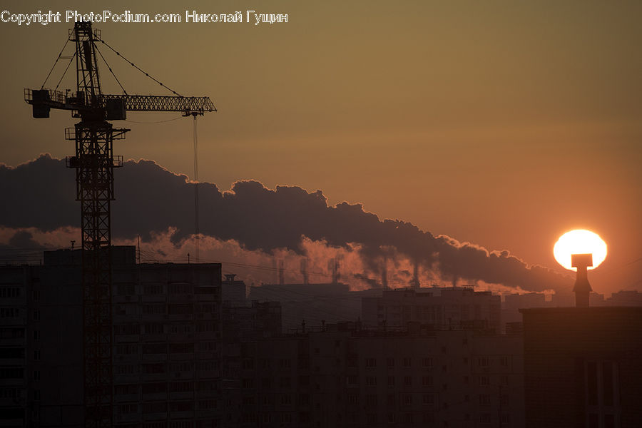 Constriction Crane, Factory, Refinery, Construction, City, Downtown, Metropolis