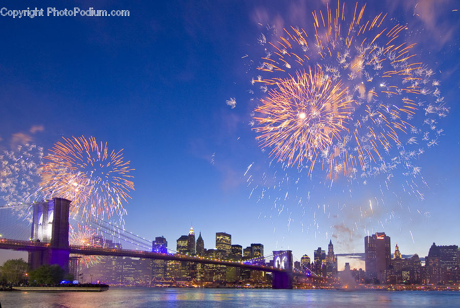 Fireworks, Night, City, Downtown, Metropolis, Urban, Bridge