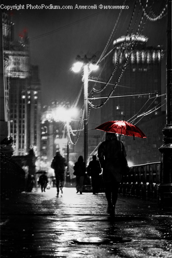 Umbrella, Night, Outdoors, City, Downtown, Urban, Lighting