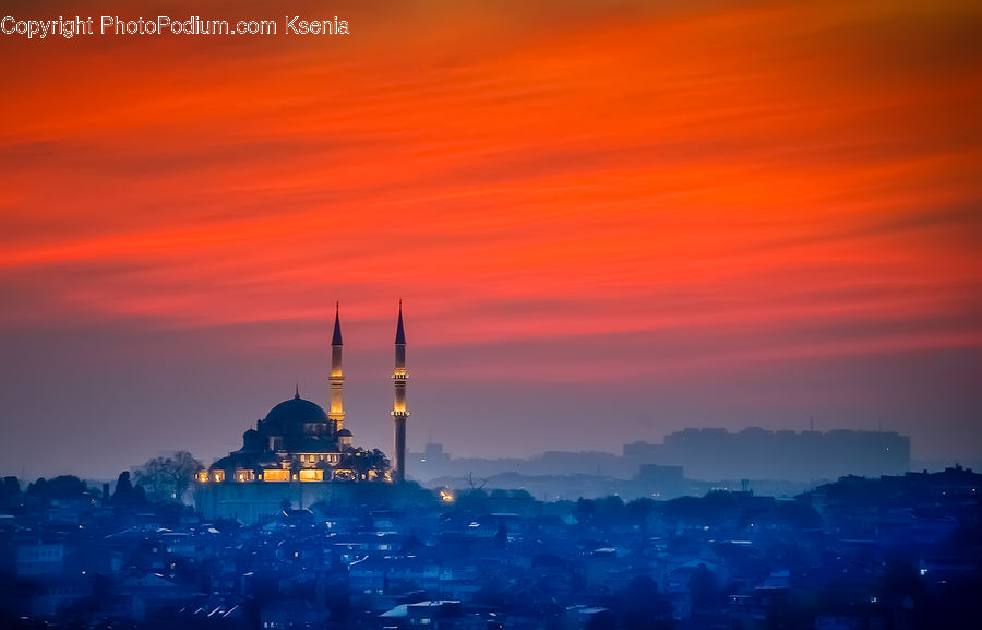 Architecture, Dome, Mosque, Worship, Dawn, Dusk, Red Sky