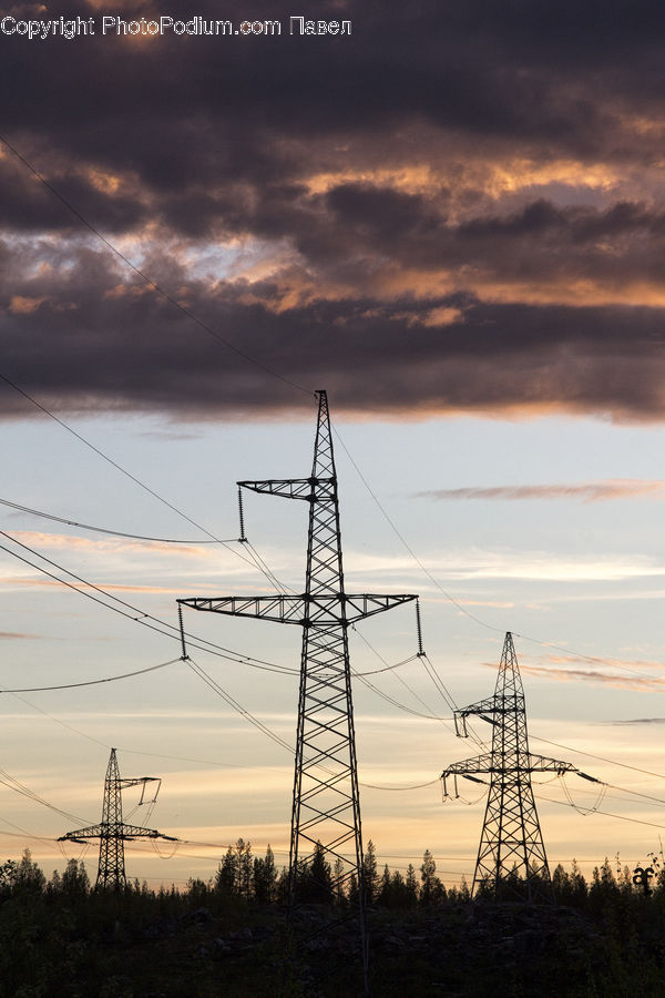 Cable, Electric Transmission Tower, Power Lines, Architecture, Tower, Silhouette, Dusk