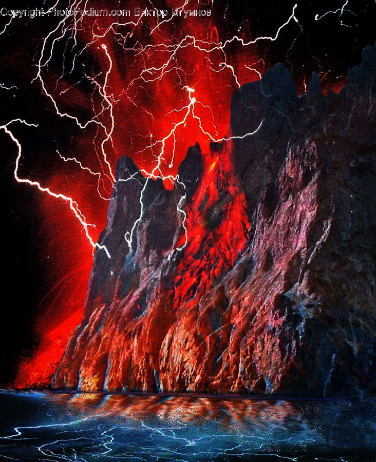 Eruption, Volcano, Lava, Outdoors, Rock, Water, Art