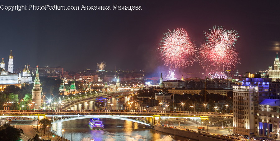 Fireworks, Night, City, Downtown, Bridge