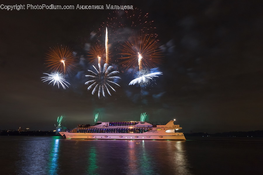 Fireworks, Night, Cruise Ship, Ferry, Freighter