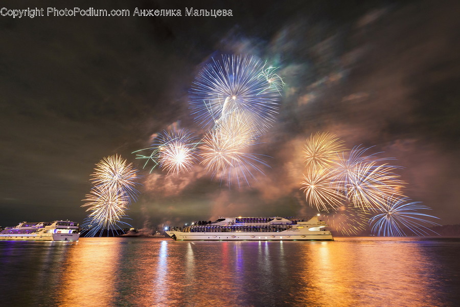 Fireworks, Night, Fountain, Water, Cruise Ship