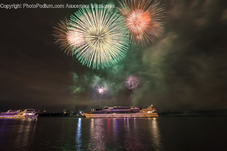 Fireworks, Night, Cruise Ship, Ferry, Freighter