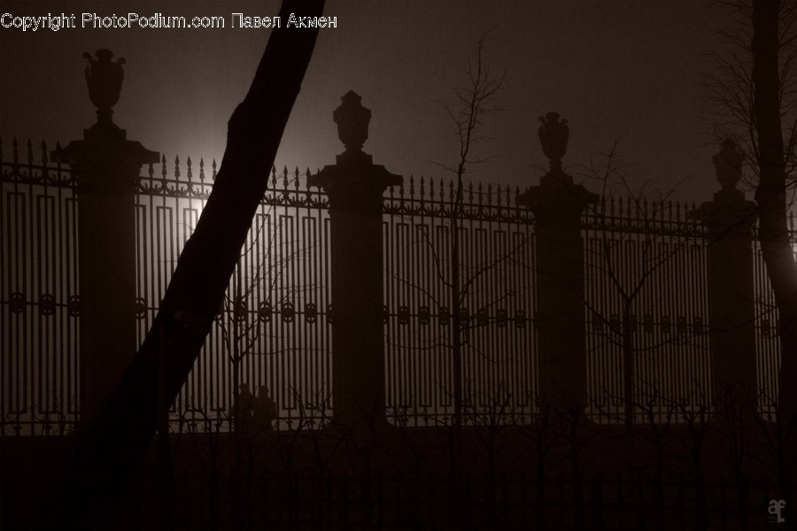 Silhouette, Night, Outdoors, Urban, Fence
