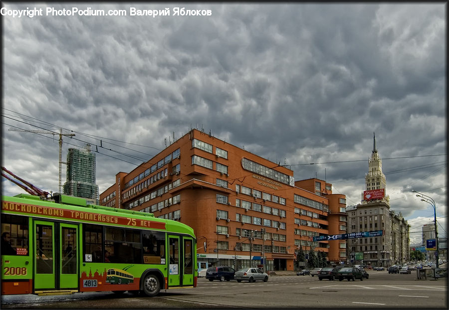 Bus, Vehicle, Intersection, Road, City, Downtown, Urban