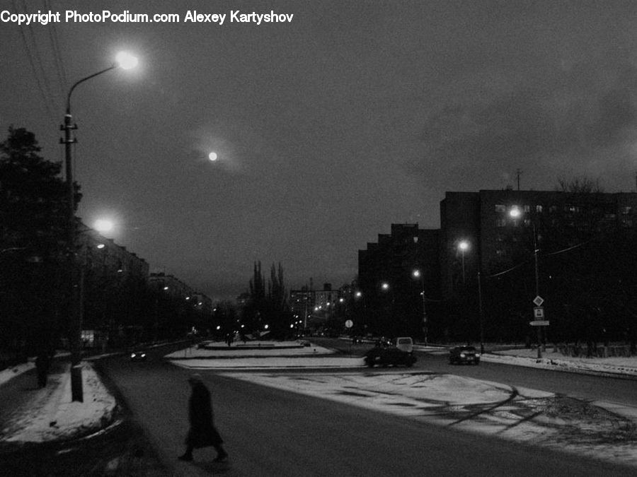 Intersection, Road, Night, Outdoors, City, Downtown, Urban