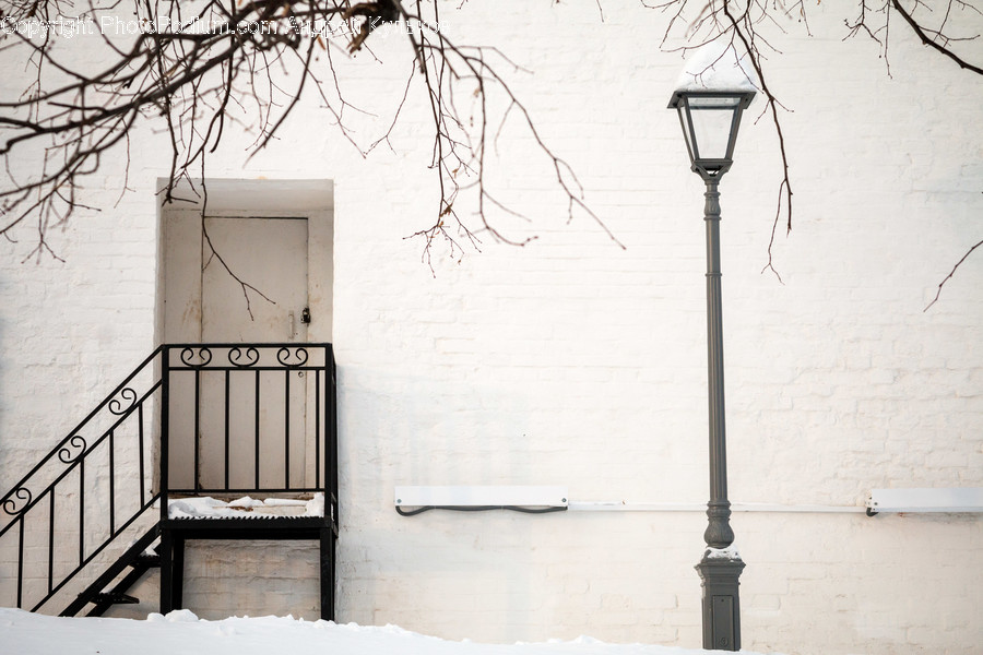 Lamp Post, Pole, Outdoors, Snow, Chair