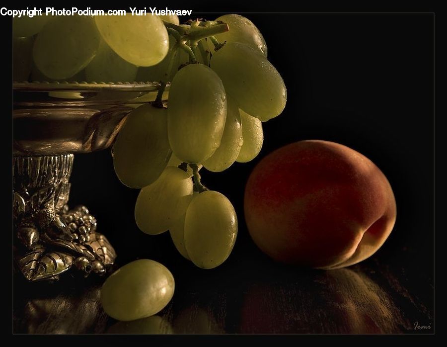 Fruit, Grapes, Glass, Goblet, Peach, Lighting, Beverage