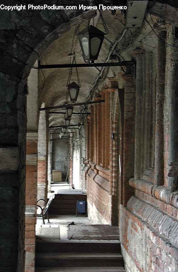 Brick, Corridor, Crypt, Column, Pillar