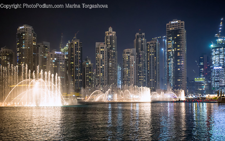 Fountain, Water, Building, City, High Rise