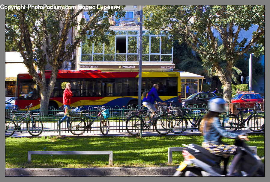 People, Person, Human, Bus, Vehicle, Bench, Bicycle