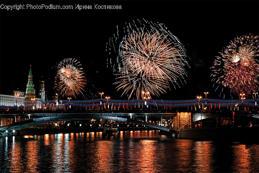 Fireworks, Night, Outdoors, Bridge, Building