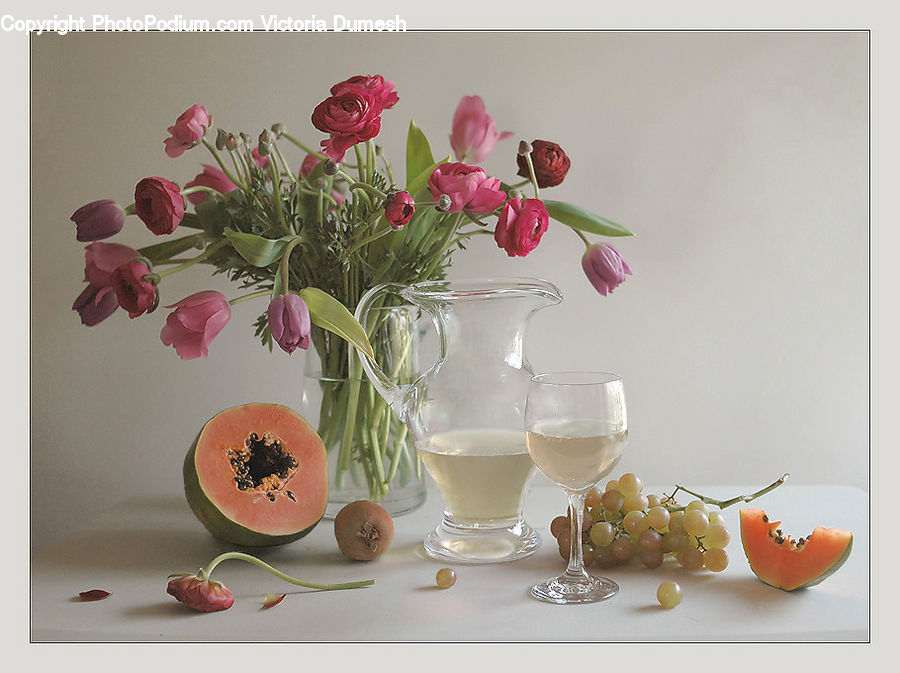 Glass, Goblet, Plant, Potted Plant, Fruit, Grapes, Floral Design