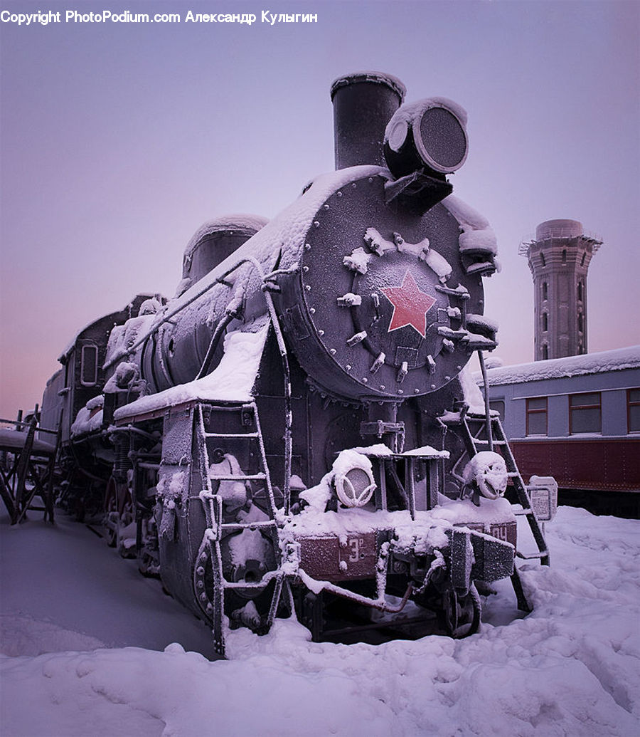 Binoculars, Ice, Outdoors, Snow, Locomotive, Rail, Train