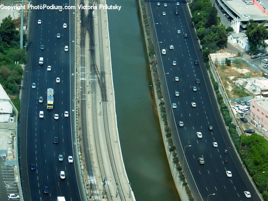 Freeway, Road, Aerial View, Highway, Building, Downtown, Town