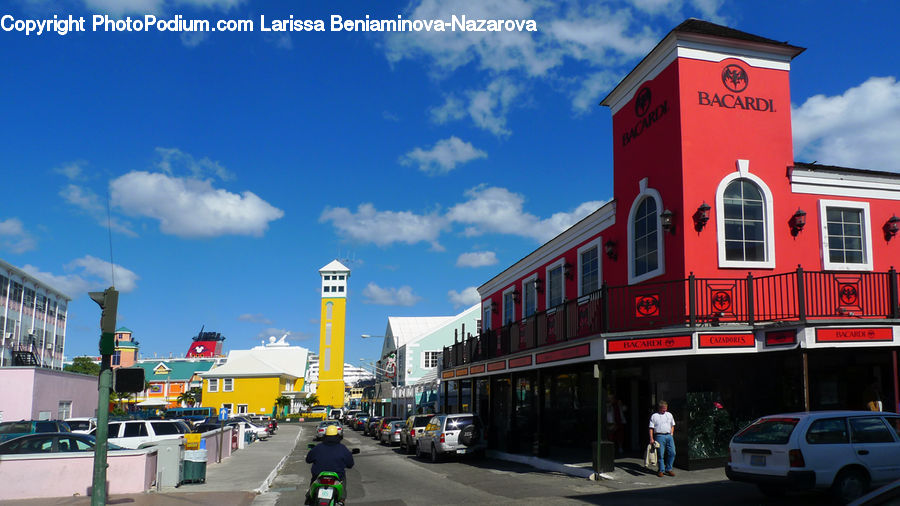 Automobile, Car, Vehicle, Intersection, Road, Shop, Building