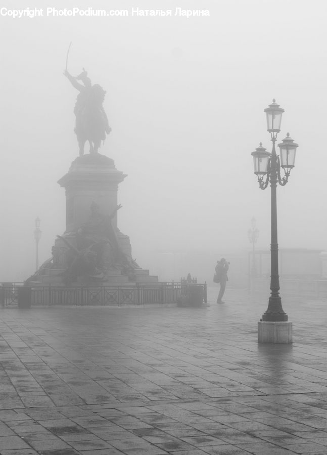 Cross, Fog, Mist, Outdoors, Art, Sculpture, Statue