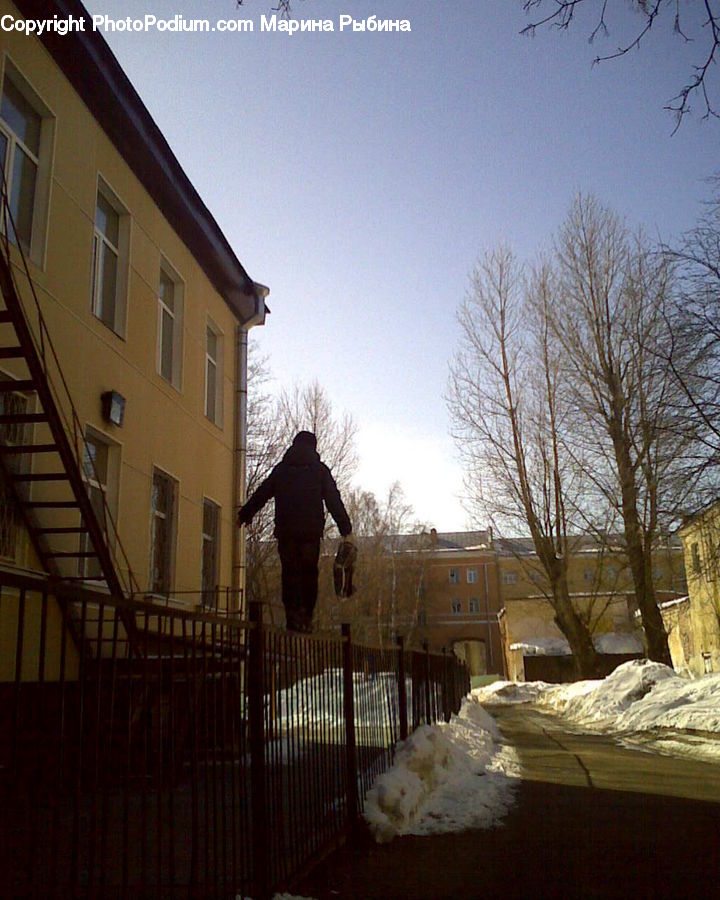 Ice, Outdoors, Snow, Banister, Handrail, Staircase, Apartment Building