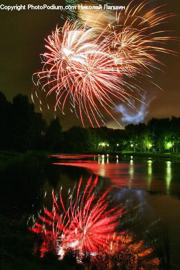 Fireworks, Night, Water, Outdoors, Pond, Land, Marsh