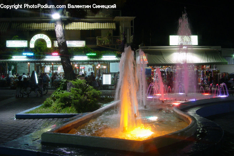 Fountain, Water, Cafe, Cafeteria, Food Court, Bench, Restaurant