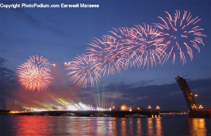 Fireworks, Night, Bridge, City, Downtown, Metropolis, Urban