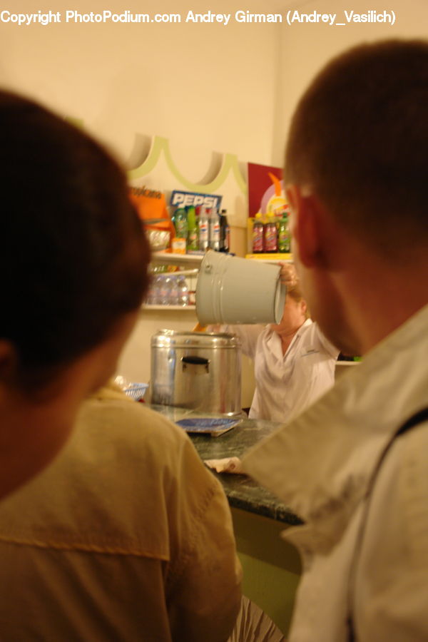 People, Person, Human, Bottle, Bowl, Pantry, Room