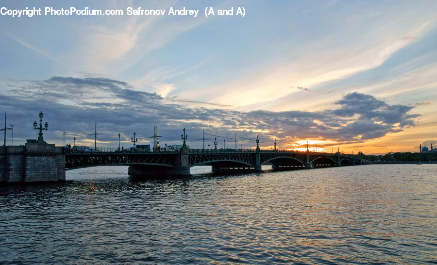 Bridge, Barge, Boat, Tugboat, Dawn, Dusk, Sky