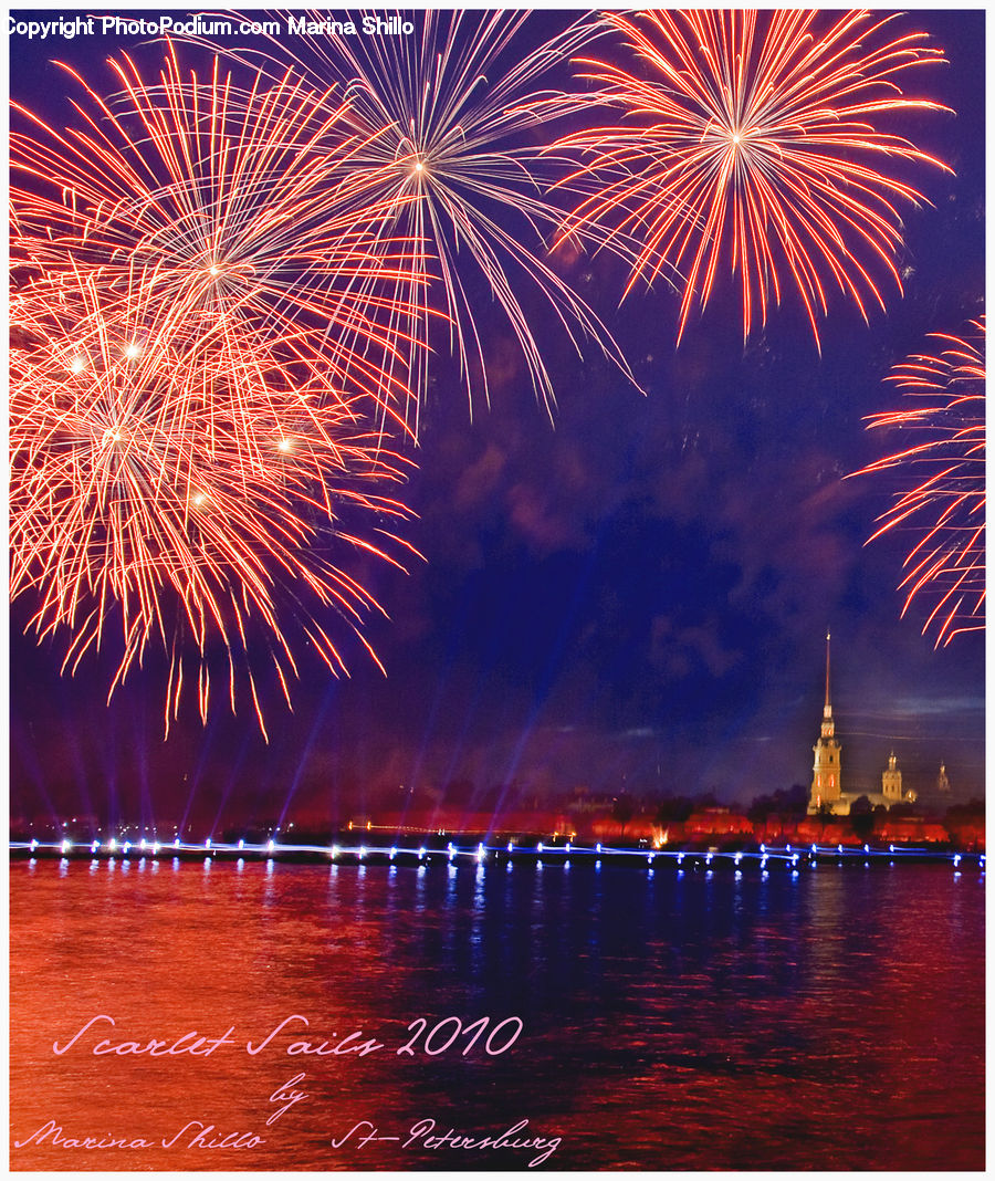 Fireworks, Night, Architecture, Tower, Spire, Steeple, City