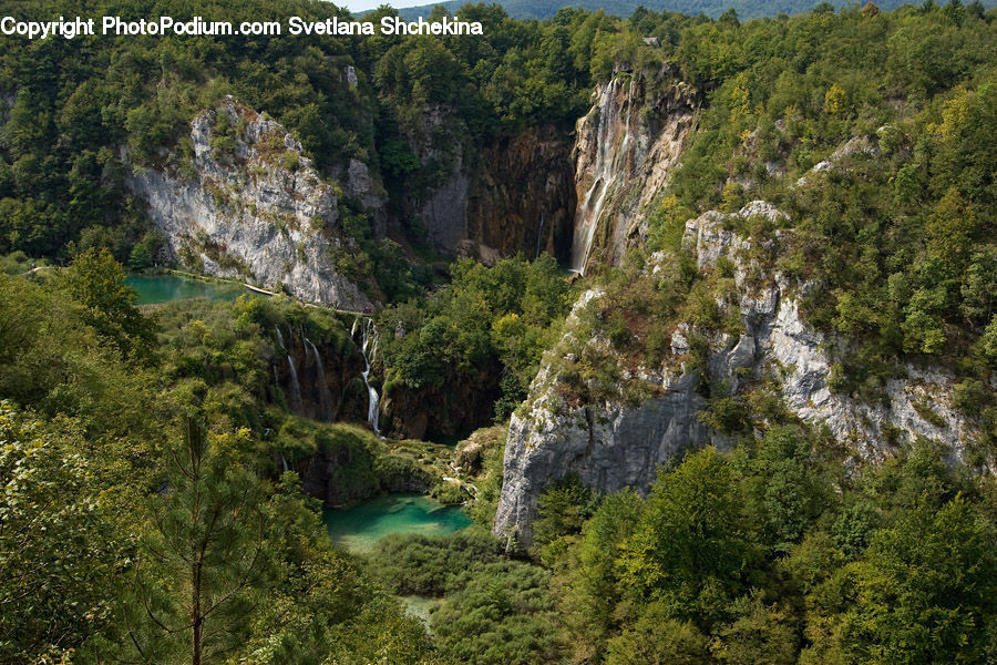 Cliff, Outdoors, River, Water, Waterfall, Bush, Plant